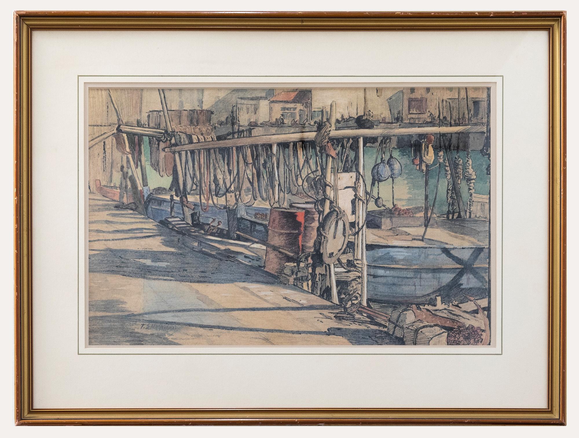 This colourful and detailed harbour scene shows Scottish fishing boats moored against a jetty wall, with rig equipment hung up to dry. The watercolour has been signed by the artist to the lower left. Finely presented in a gilt and bronze frame with