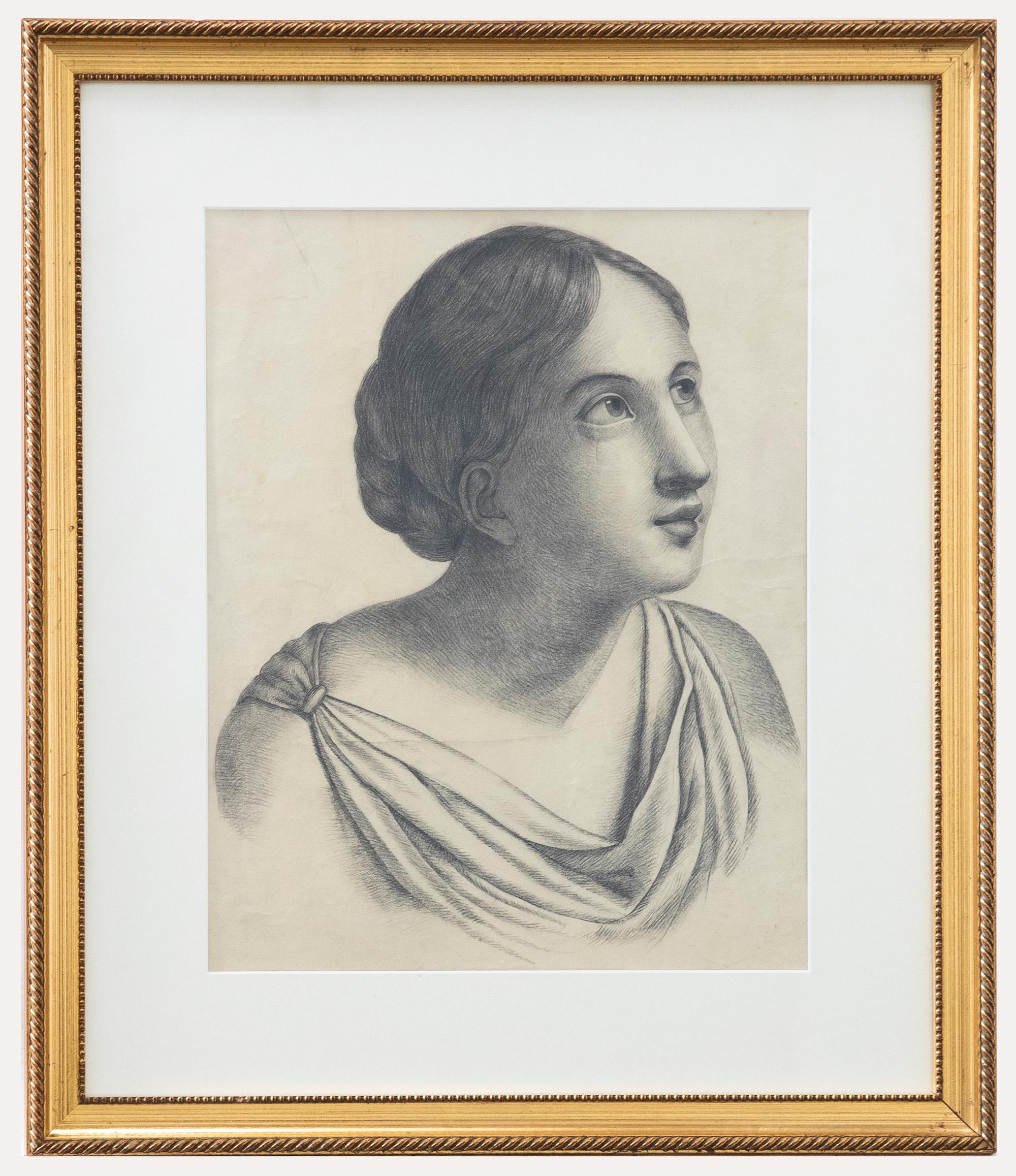 Portrait Unknown - Dessin au fusain du début du 19e siècle - Rêverie