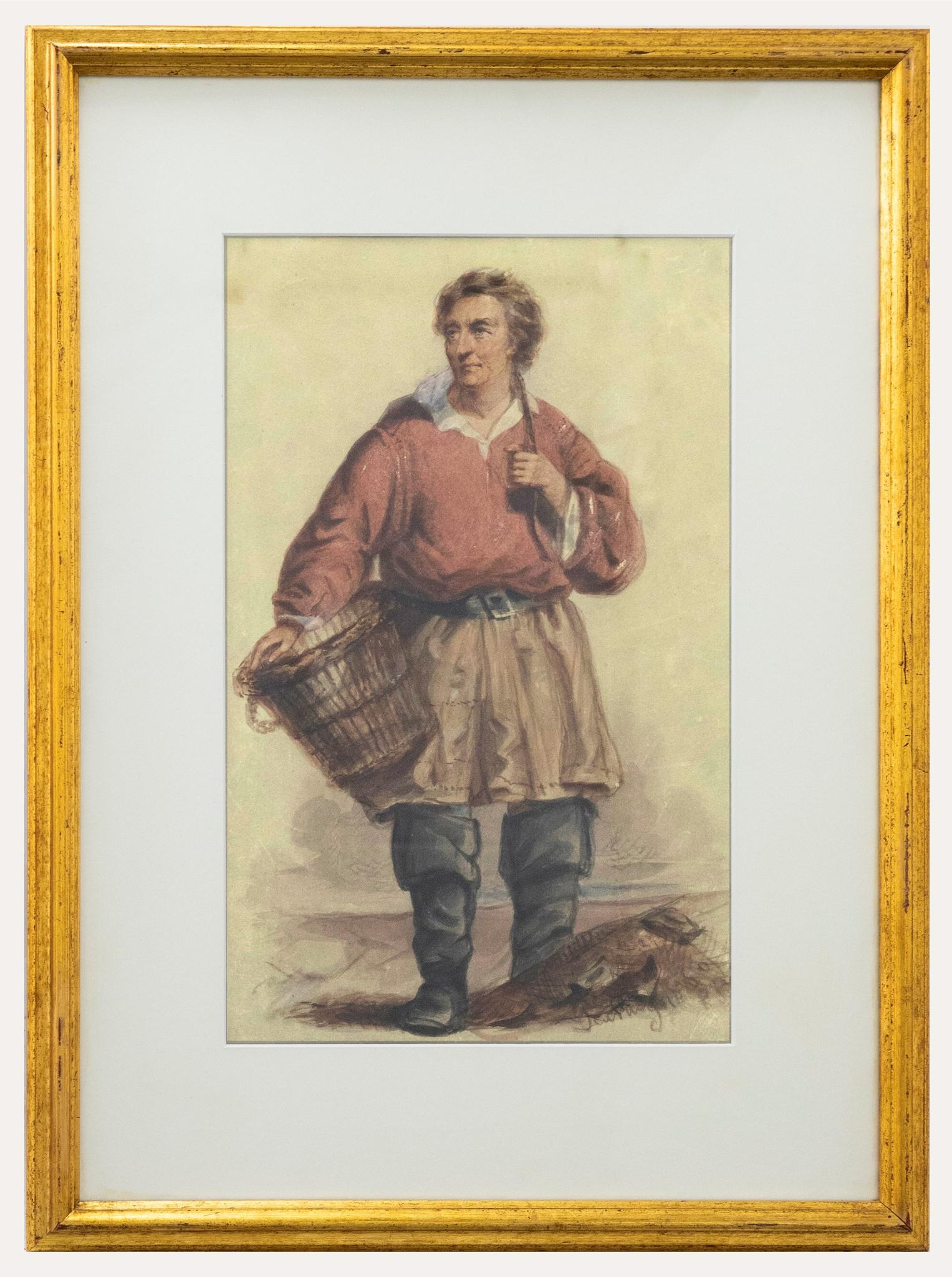 Gerahmtes Aquarell des 19. Jahrhunderts – Fischer in Rot