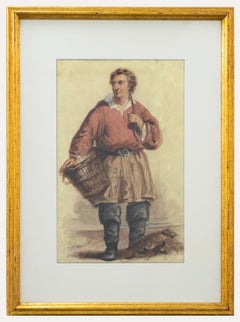 Framed 19th Century Watercolour - Fisherman in Red