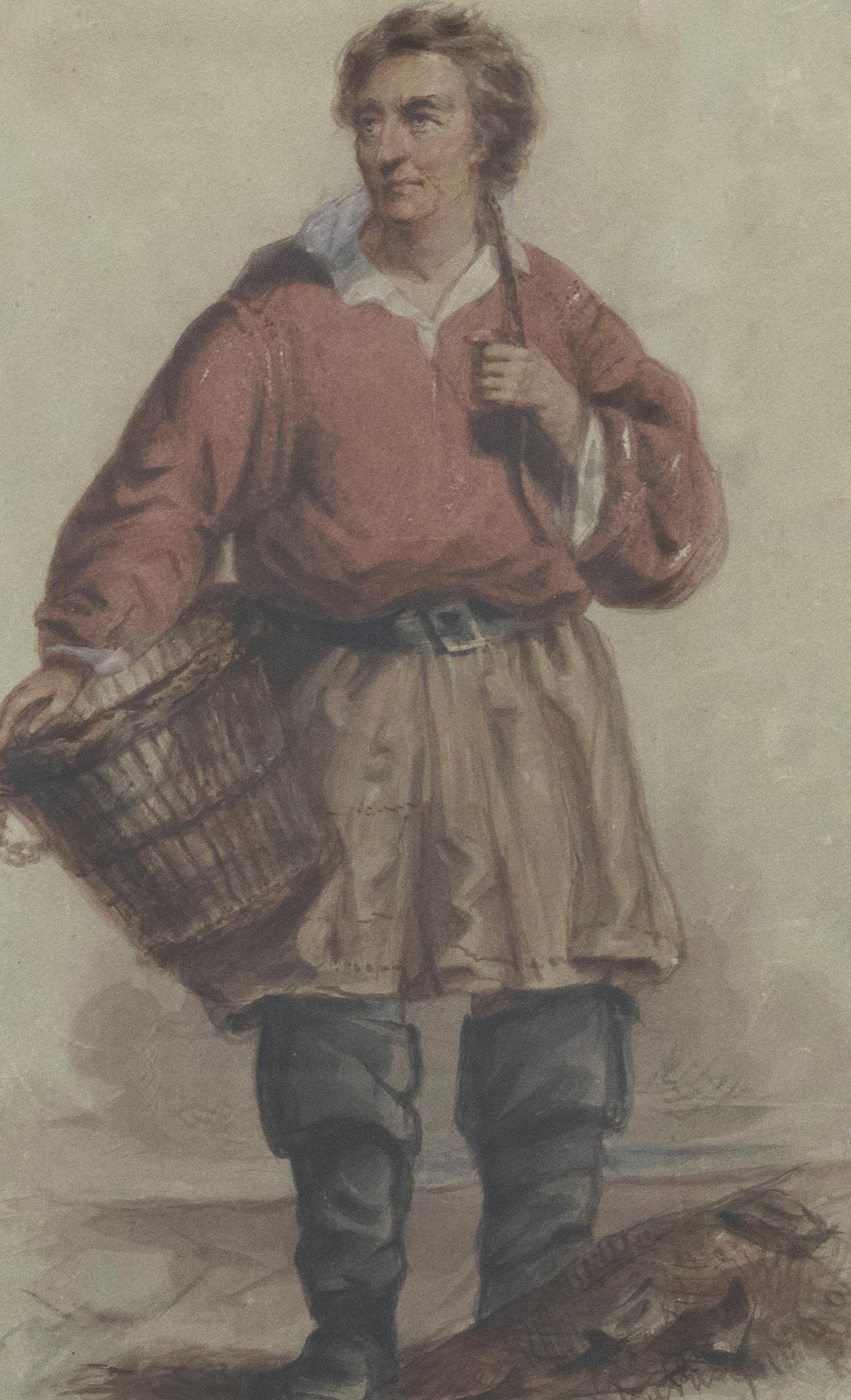 Un encantador retrato en acuarela de un pescador de hombros anchos, caminando a grandes zancadas por una costa de arena con botas negras, pantalones cortos con hebillas y una atrevida blusa roja. Finamente montado en un marco dorado contemporáneo