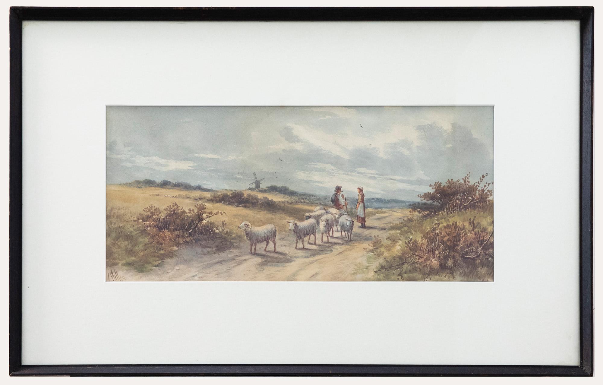 Unknown Landscape Art - L. Wilton - Late 19th Century Watercolour, Shepherd & Flock on a Country Lane