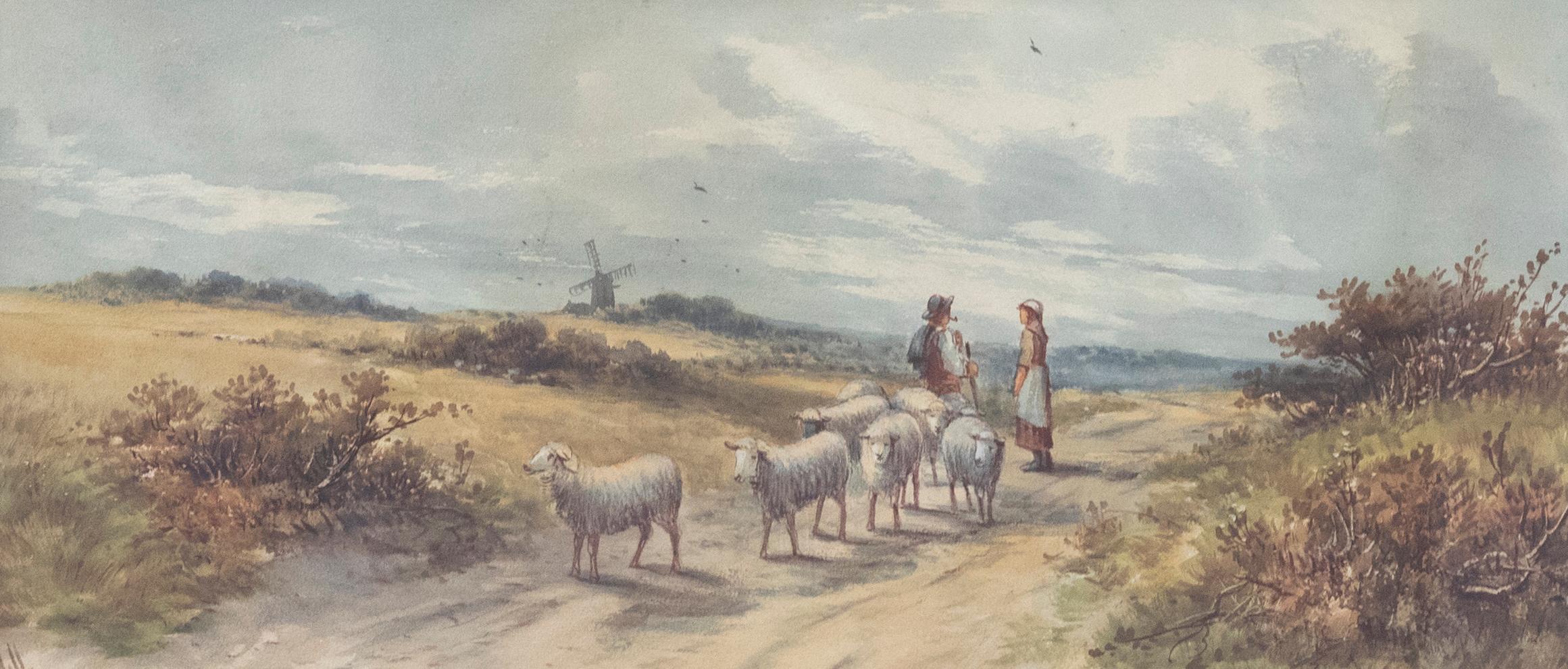 L. Wilton - Late 19th Century Watercolour, Shepherd & Flock on a Country Lane - Art by Unknown