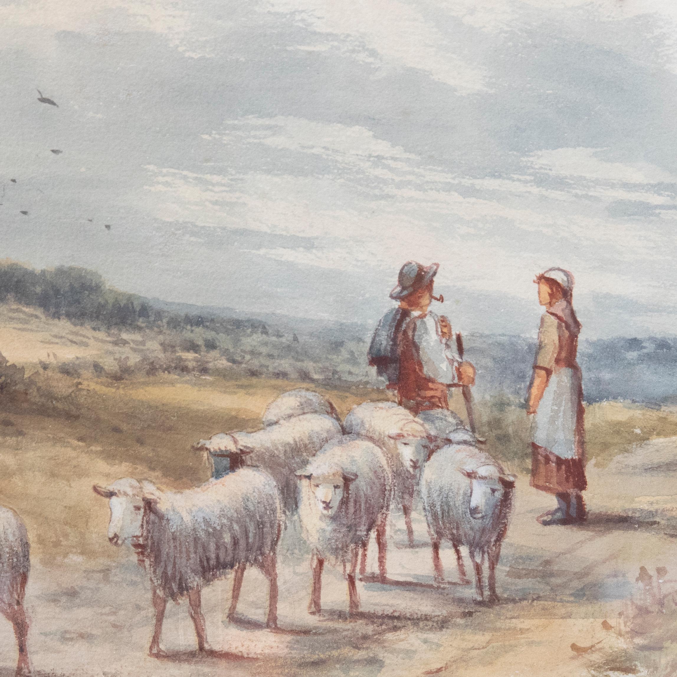 L. Wilton - Late 19th Century Watercolour, Shepherd & Flock on a Country Lane For Sale 1