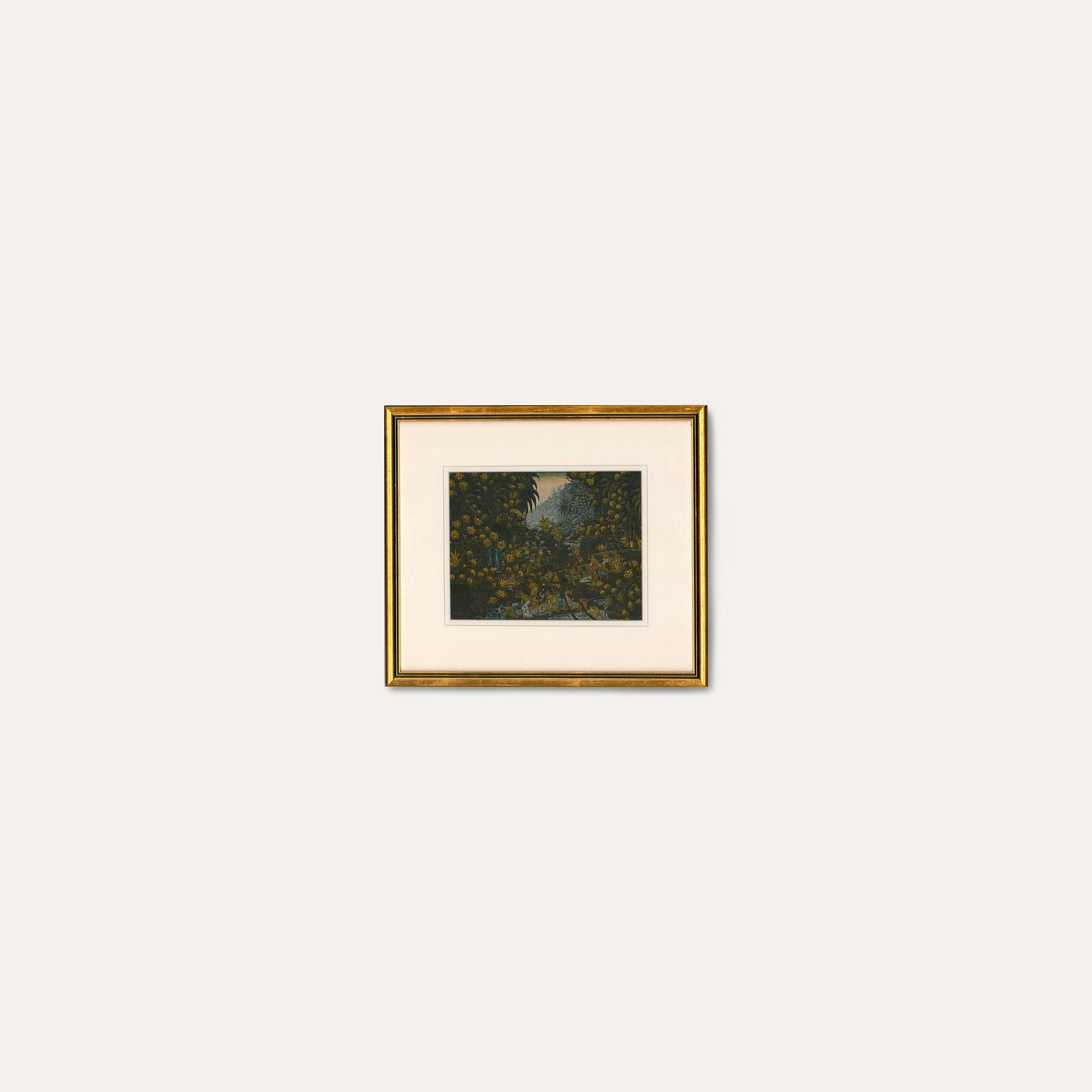A detailed Balinese School watercolour showing native figures foraging the jungle falls. The watercolour has been finely mounted in a gilt-effect frame. Indistinctly signed. On paper.
