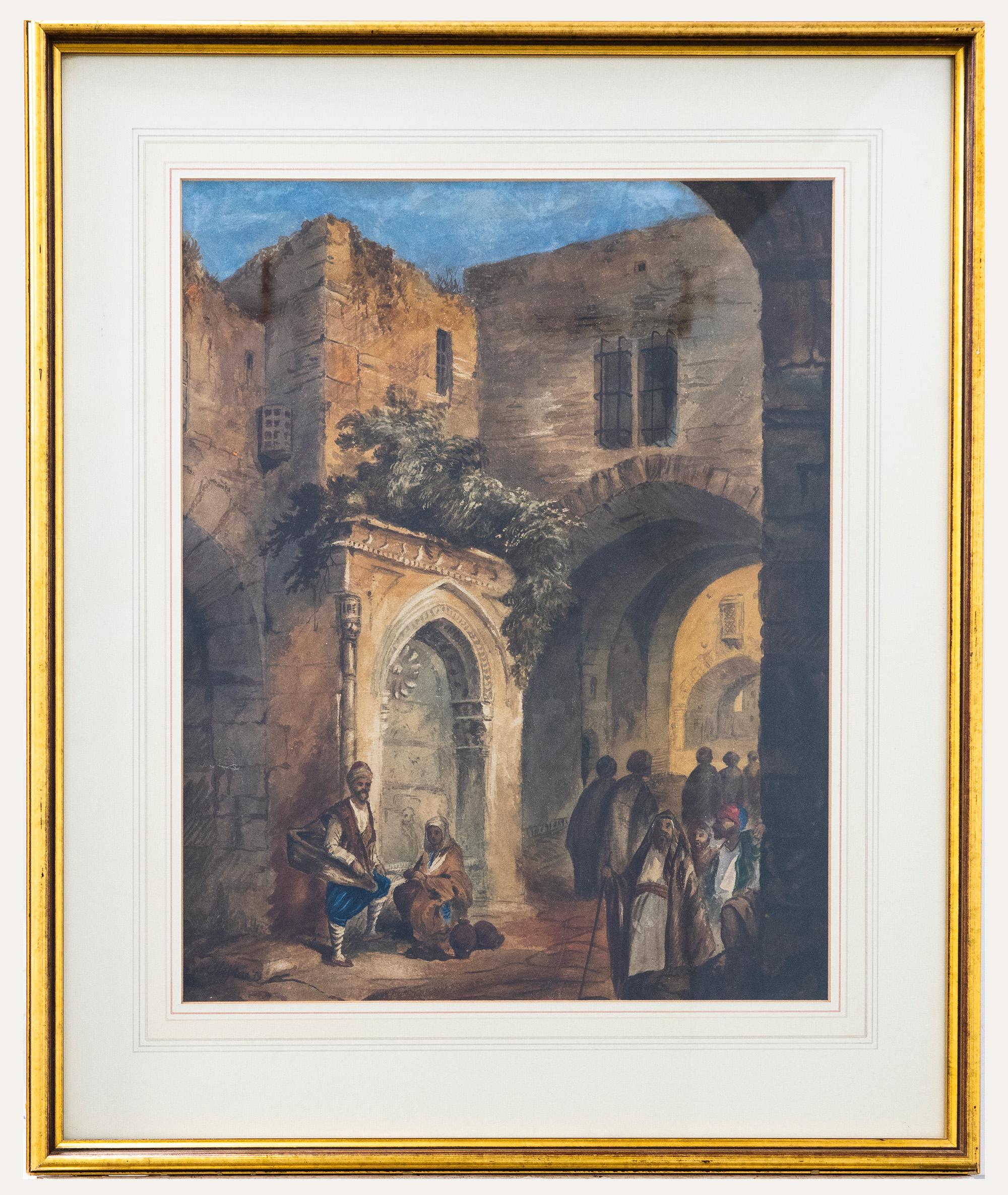 This 19th century watercolour depicts a busy middle eastern street with figures walking in the town's ancient quarter. The watercolour has been signed and dated to the lower left. Well-presented in a fine wash-line mount and 20th century gilt frame.