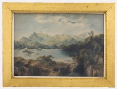19th Century Watercolour - Stag on the Mountain Lake