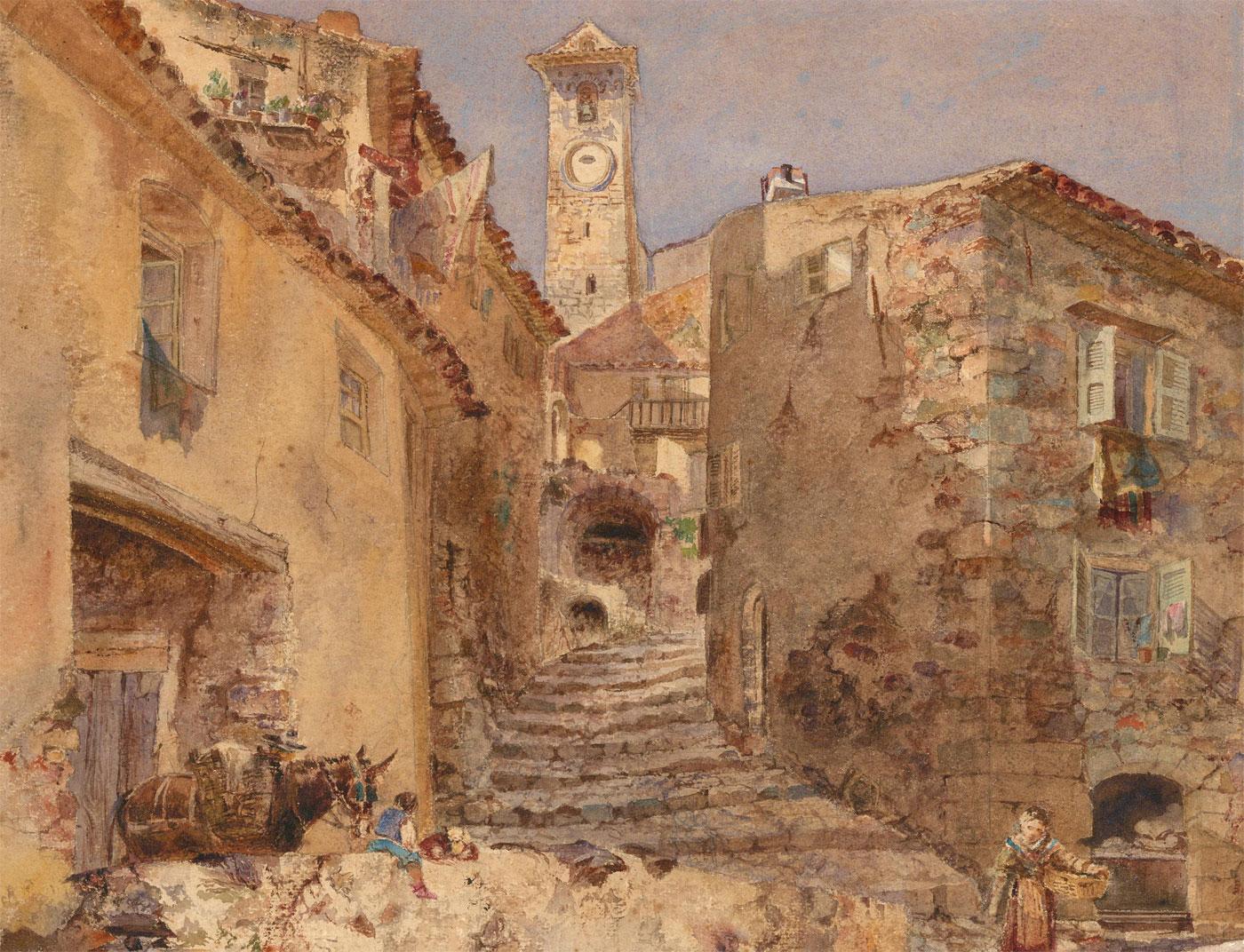 This charming watercolour scene transports us to the back streets of Cannes, France. The winding stairs of the old town street leads past stone houses up to a clock tower. In the foreground a woman carries a wicker basket and a boy perches next to