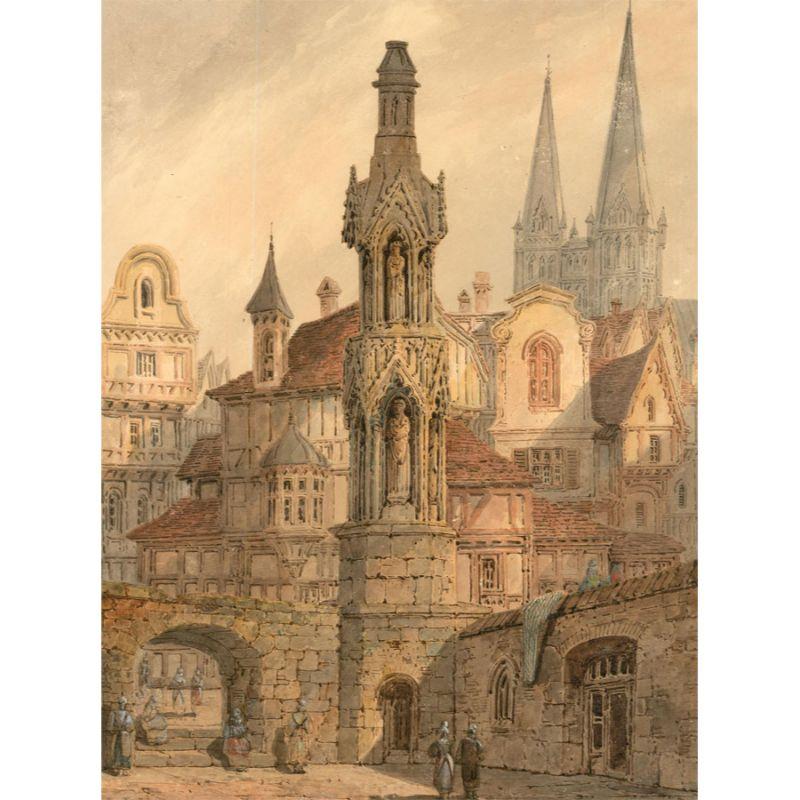 Unknown Landscape Art – Aquarell-Aquarell des 19. Jahrhunderts – Außerhalb der Stadttore