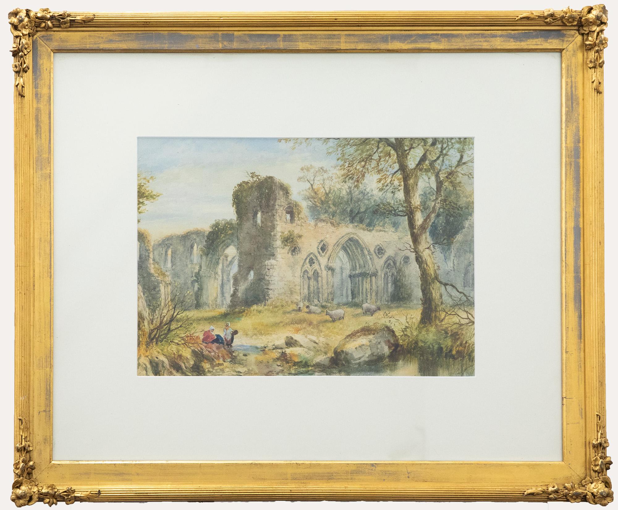Unknown Landscape Art - Framed Late 19th Century Watercolour - Flocked by Abbey Ruins