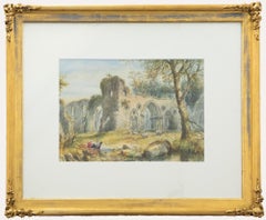 Antique Framed Late 19th Century Watercolour - Flocked by Abbey Ruins