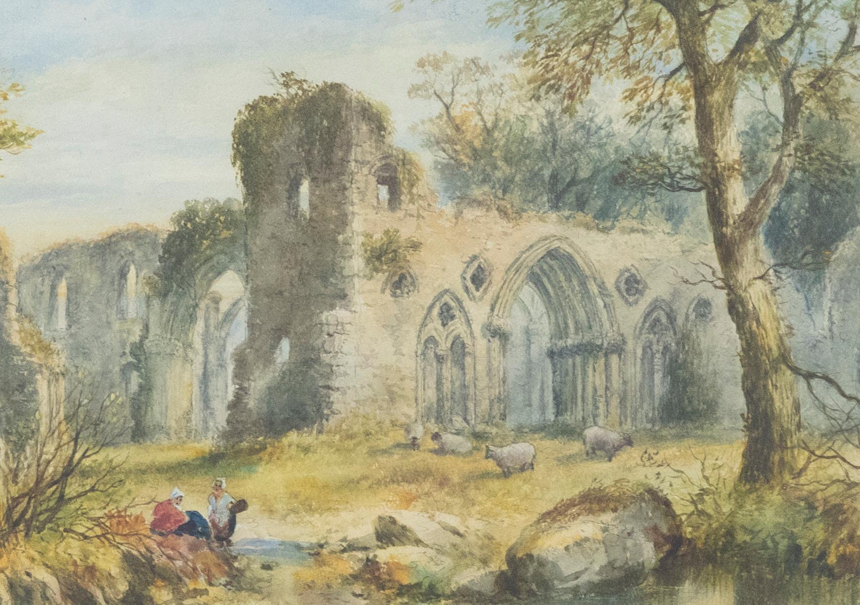 Framed Late 19th Century Watercolour - Flocked by Abbey Ruins - Art by Unknown