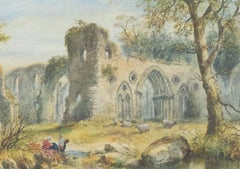 Framed Late 19th Century Watercolour - Flocked by Abbey Ruins
