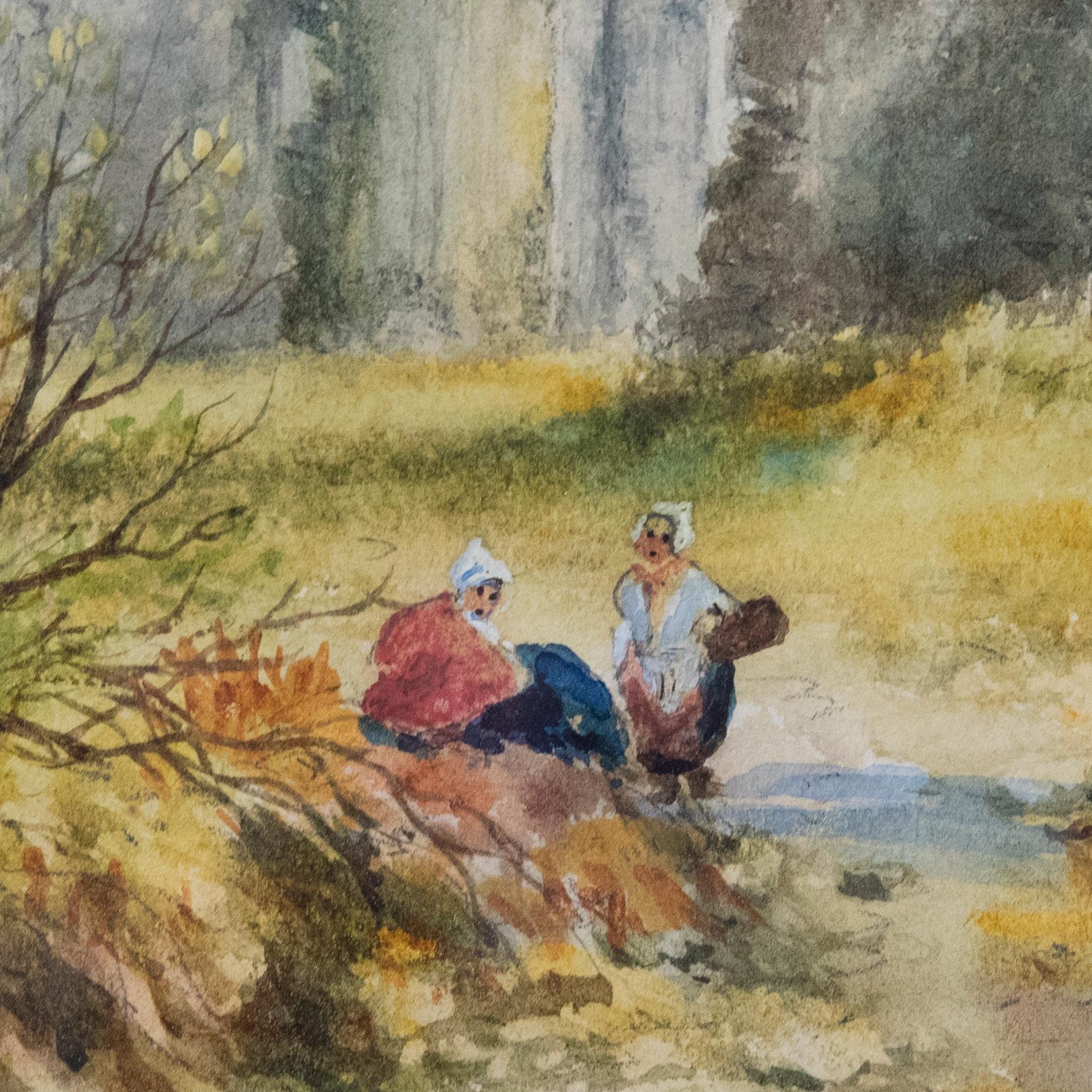 Belle aquarelle représentant des personnages et des moutons devant les ruines d'une abbaye. Le troupeau semble heureux de brouter sous les arches ornées, sans être dérangé par le couple de femmes qui se reposent au premier plan. L'aquarelle est
