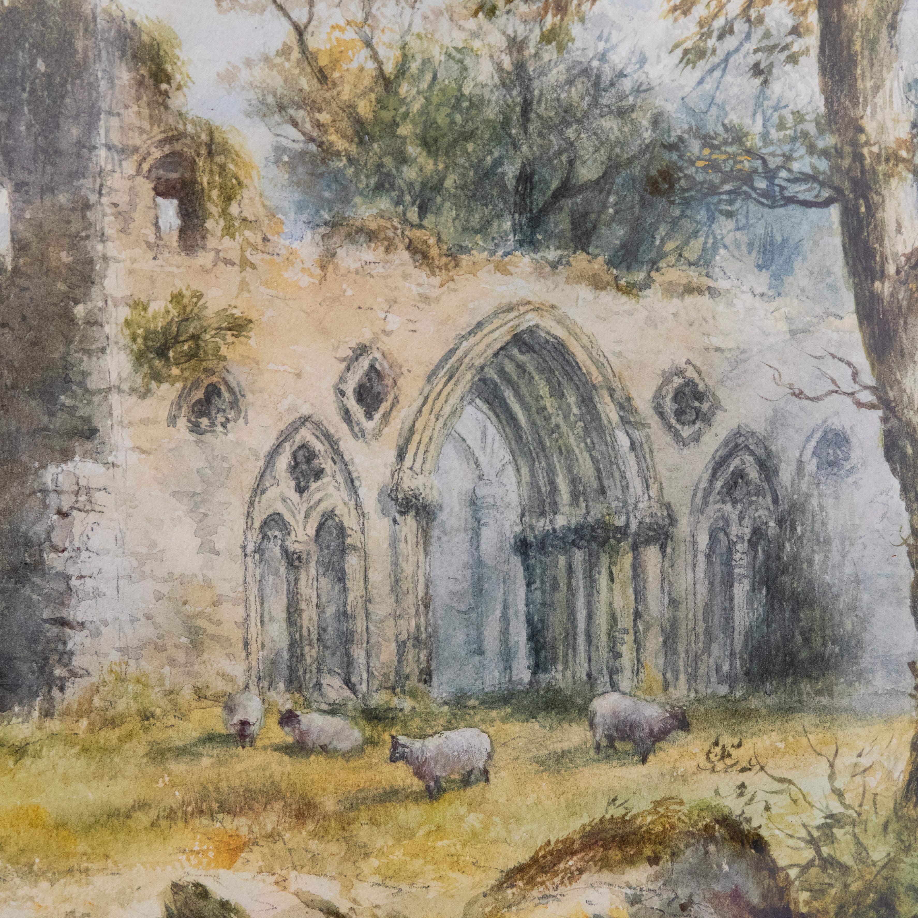 Framed Late 19th Century Watercolour - Flocked by Abbey Ruins For Sale 2