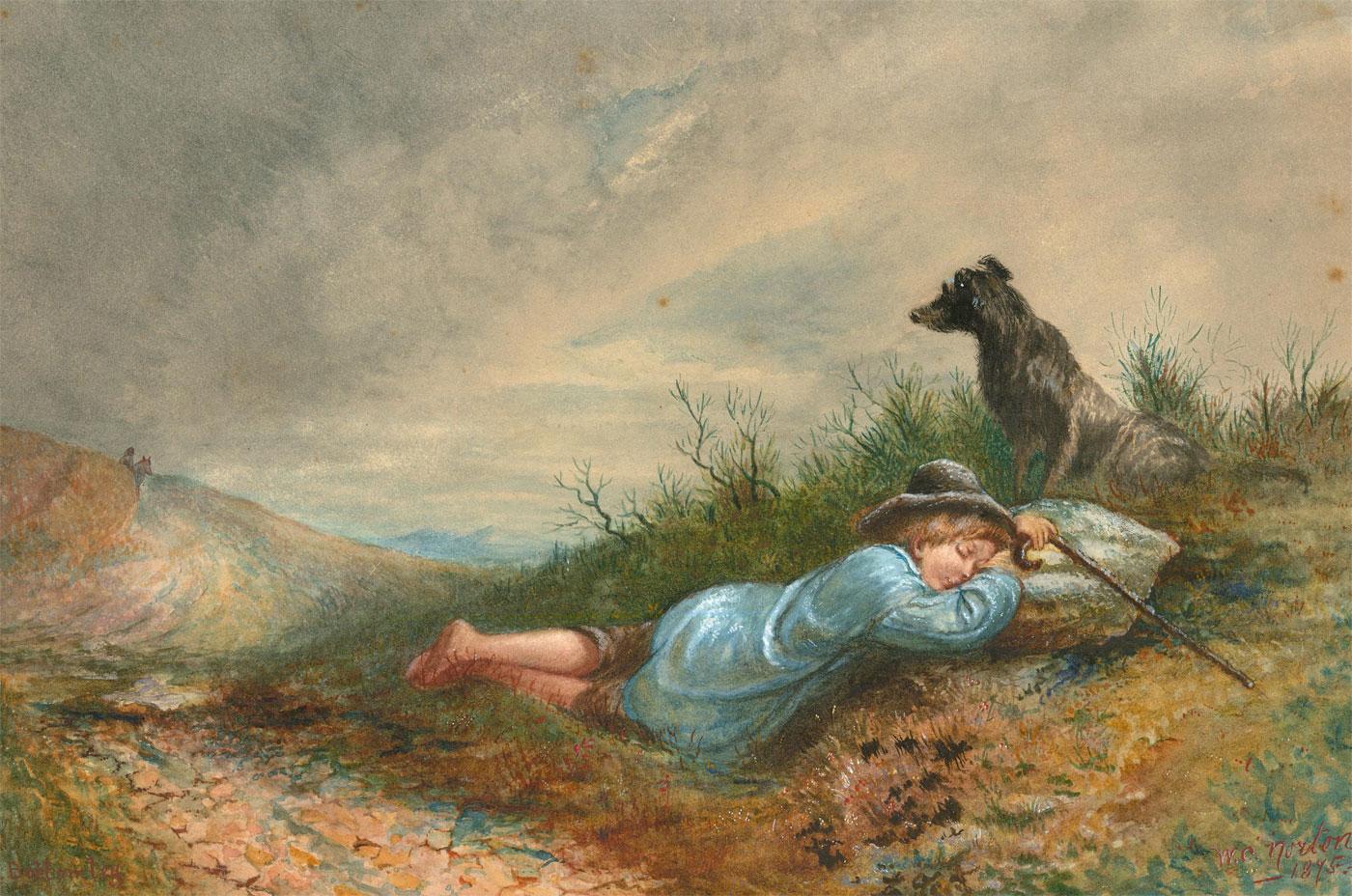 Unknown Landscape Art - W. C. Norton  - 1845 Watercolour, A Watchful Eye