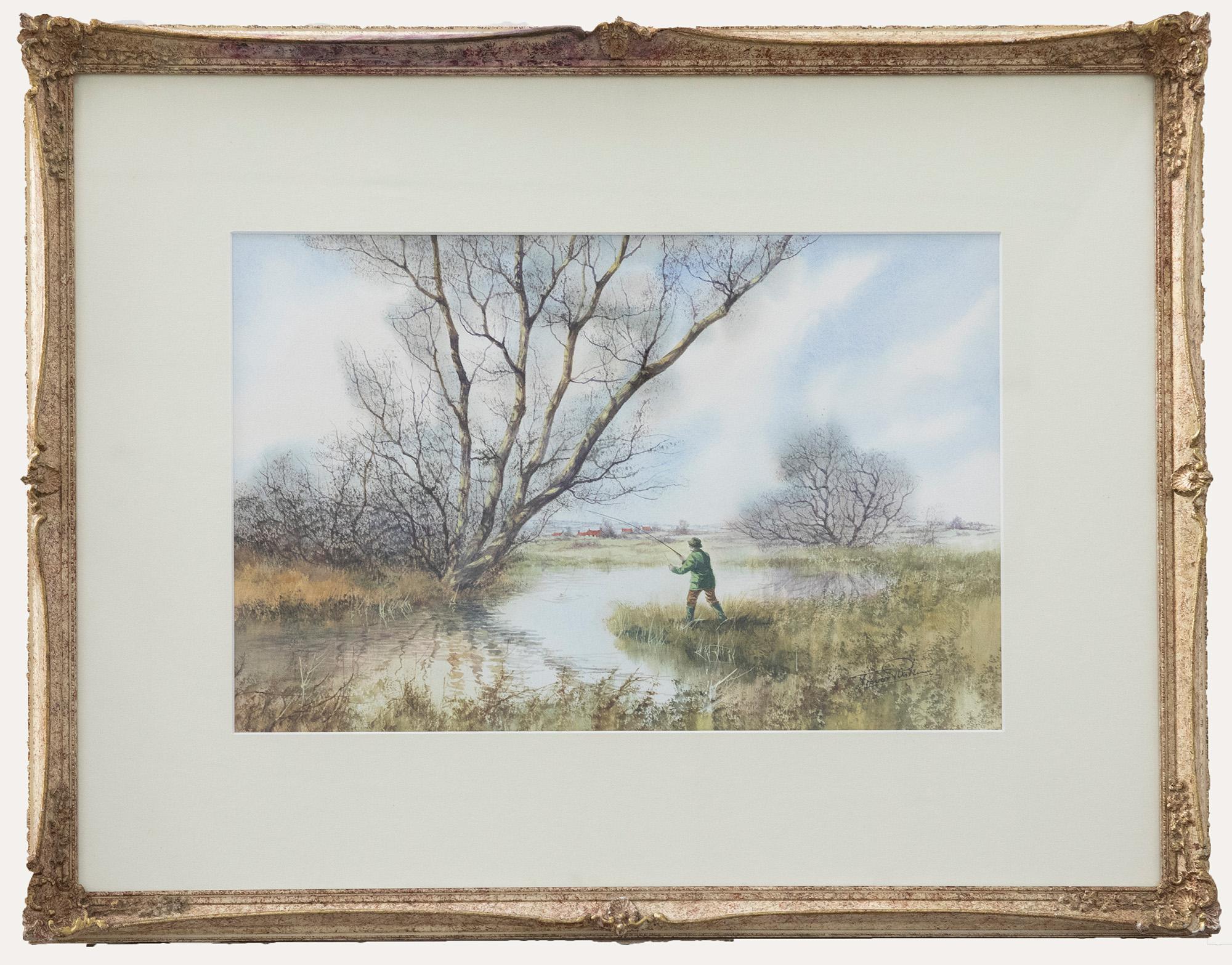 A finely painted watercolour landscape by the 20th century artist Trevor Parkin (b.1935). The scene depicts a happy angler reeling in a catch from the river. The watercolour has been signed by the artist to the lower left. Well-presented in a