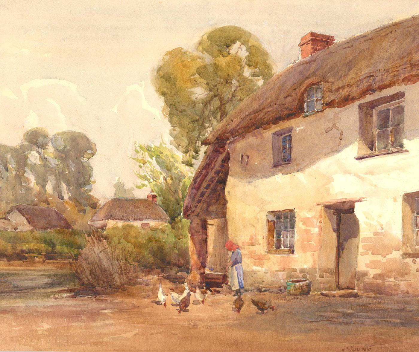 This charming watercolour by John Henry Young (1880-1946) shows a lady feeding chickens outside her Sampford Courtenay farmhouse. Signed to the lower right. Inscribed with the location verso. On watercolour paper laid to card.
