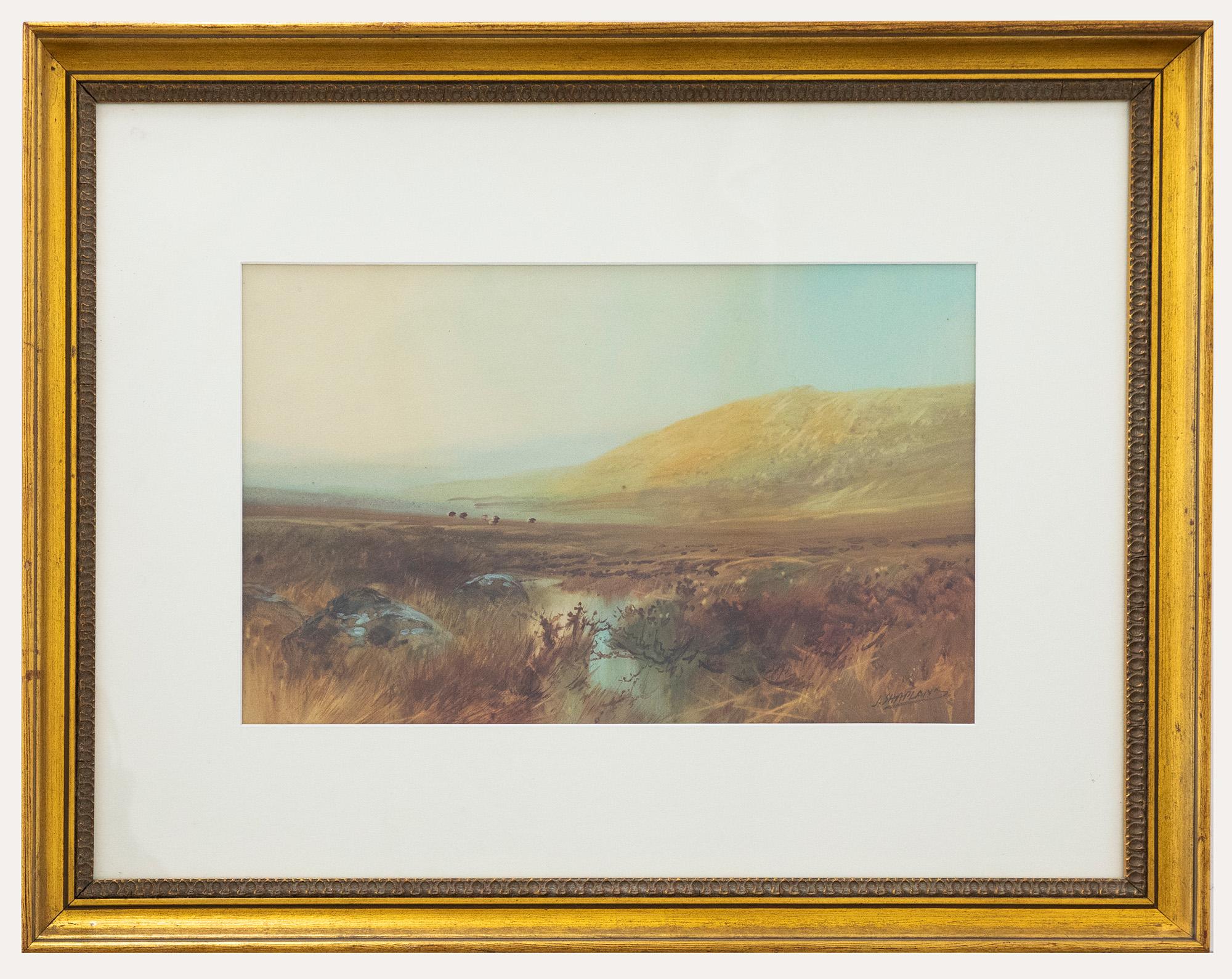 An original watercolour by the early 20th century landscape painter John Shapland (1865-1929). The scene depicts cattle grazing in open moorland. Signed by the artist to the lower right. Well-presented in a large gilt-effect frame with a lambs