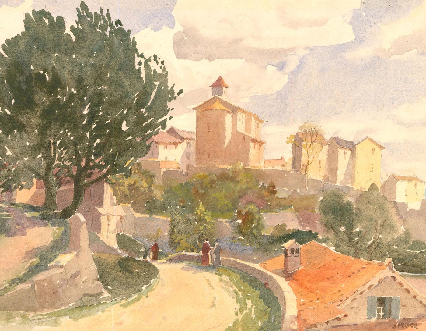 A serene and delicate study of an Italian village bathed in afternoon sunlight. Several figures walk down a cobbled path that is partially shaded by two old trees. Signed to the right corner. On watercolour paper.
