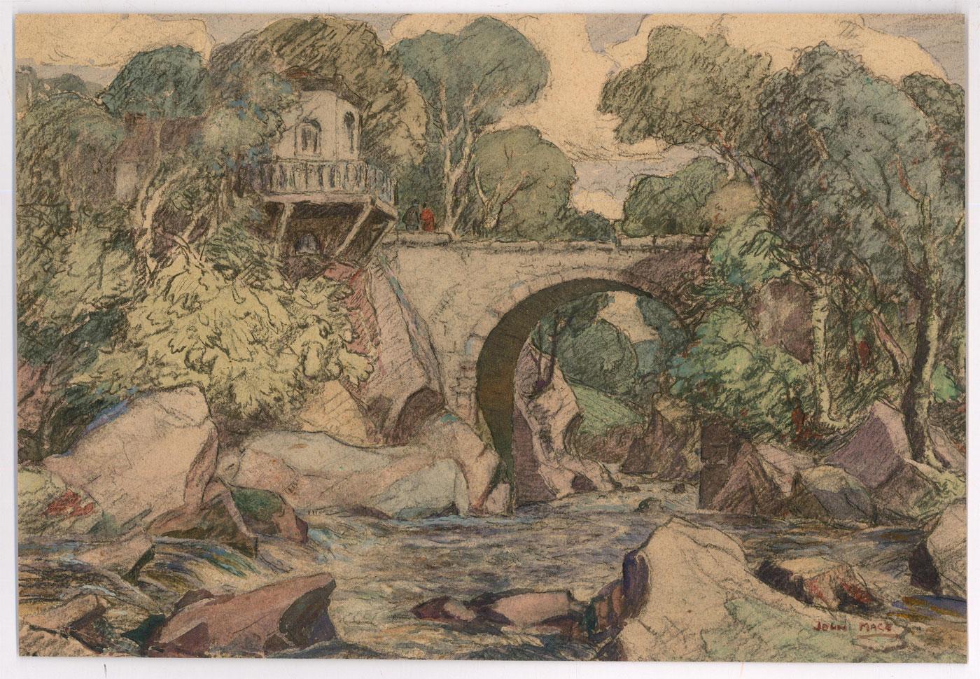 A well drawn study of a stone bridge by the artist John Mace. Completed with charcoal detail and touches of gouache. Signed to the lower right corner. On paper.
