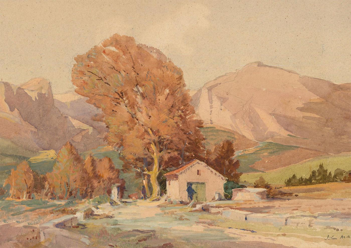 Eine idyllische Landschaft von John Mace, die eine herbstliche Bergkette mit einer kleinen Hütte unter einem großen Baum zeigt. Ergänzt mit einem Hauch von Gouache. Signiert unten rechts. Unleserlich auf der Rückseite beschriftet. Auf dem Papier.
