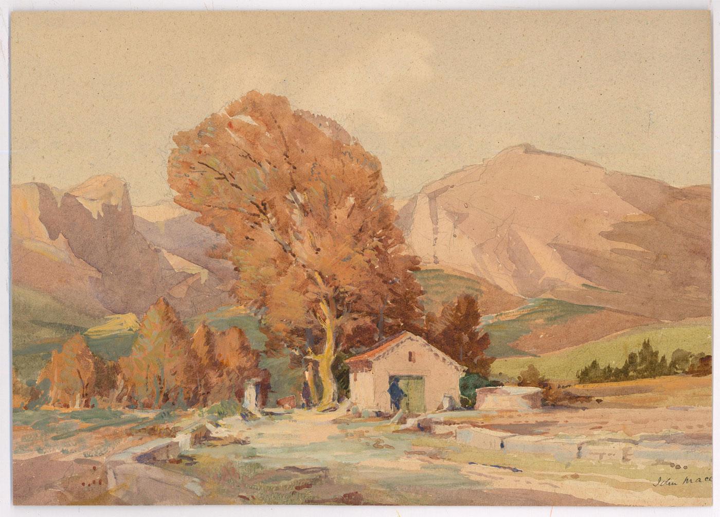 An idyllic landscape by John Mace depicting an Autumnal mountain range with a small hut nestled beneath a large tree. Completed with touches of gouache. Signed to the lower right. Inscribed illegibly to the reverse. On paper.
