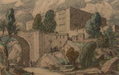 John Mace RBA (1889-1952) - Pastel de principios del siglo XX, Puente de la ciudad amurallada