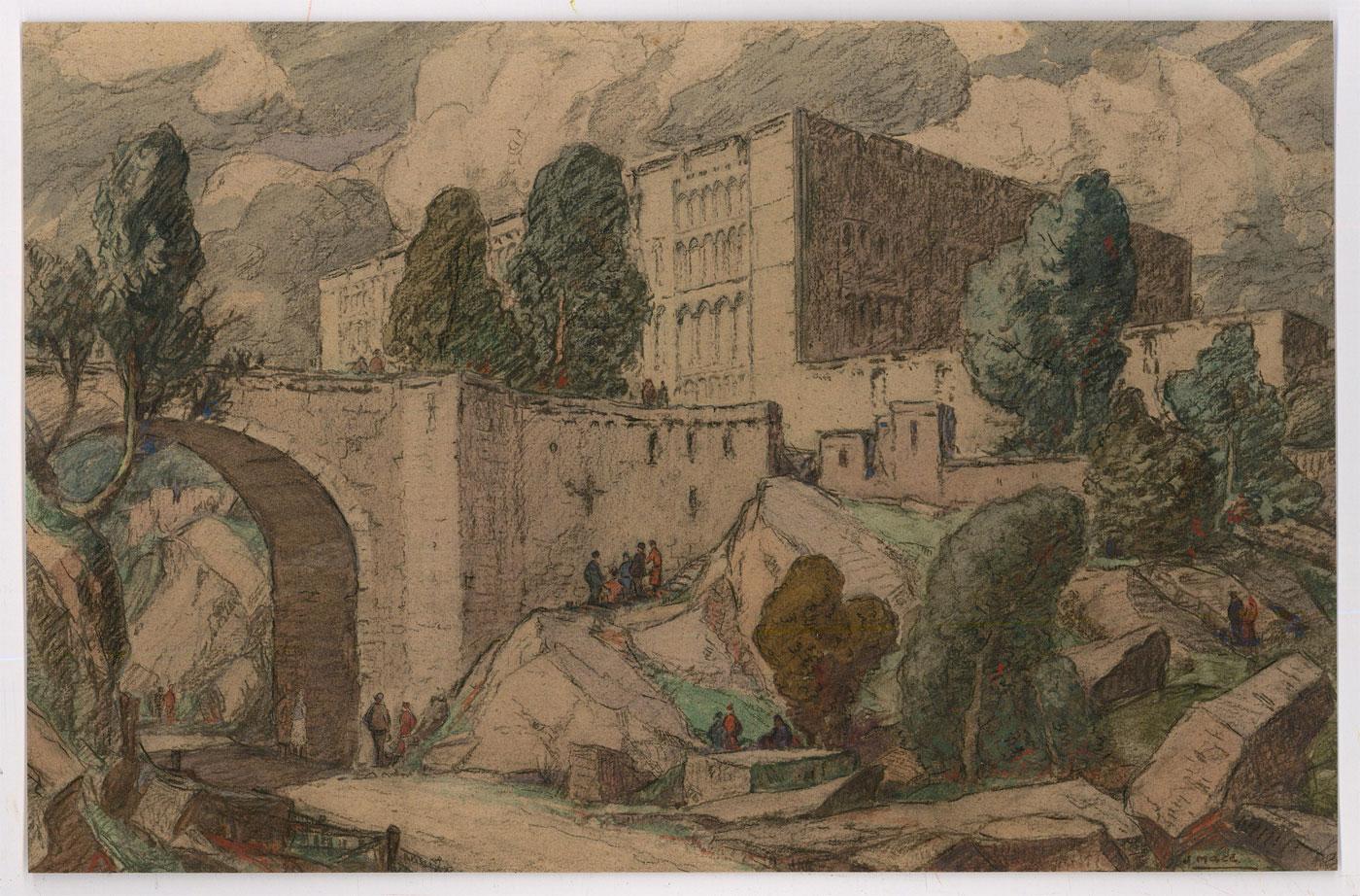 John Mace RBA (1889-1952) - Early 20th Century Pastel, Bridge to the Walled Town For Sale 1