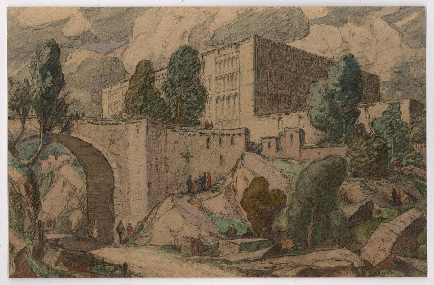John Mace RBA (1889-1952) – Pastell Bridge to the Walled Town, frühes 20. Jahrhundert im Angebot 1