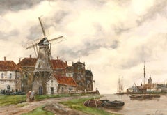 Antique Jan Van Couver (1836-1909) - Watercolour, Windmill on the Estuary 83