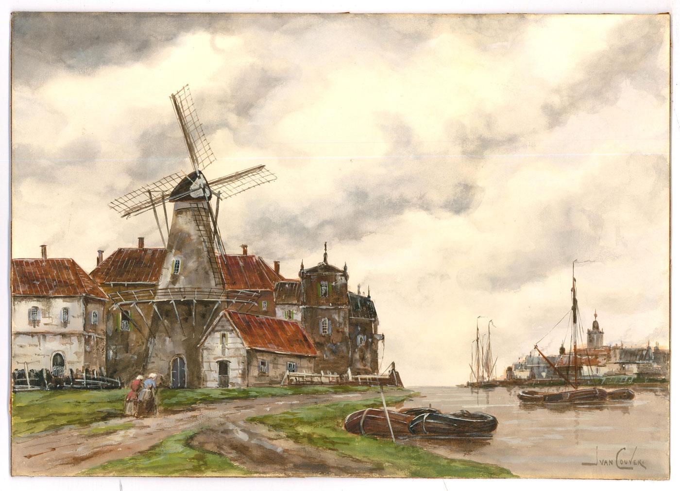 Jan Van Couver (1836-1909) - Acuarela, Molino de viento en el estuario 83 1