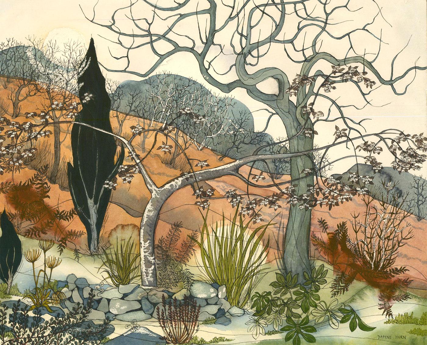 Eine reizvolle Aquarellstudie, die eine Winterlandschaft mit sich windenden kahlen Ästen und Sträuchern zeigt, die aus der Erde ragen. Die ersten Anzeichen des Frühlings zeigen sich an dem Baum im Vordergrund, an dessen Ästen sich winzige Blüten