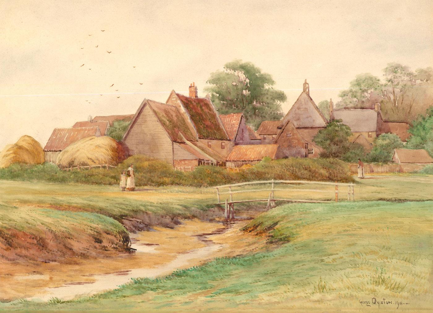 A charming scene depicting a mother and daughter strolling the parameter of a countryside village with a creek running through the centre. Signed and dated to the lower right. On watercolour sketching board.
