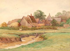Antique George Oyston (1861-1937) - 1911 Watercolour, Village on the Creek