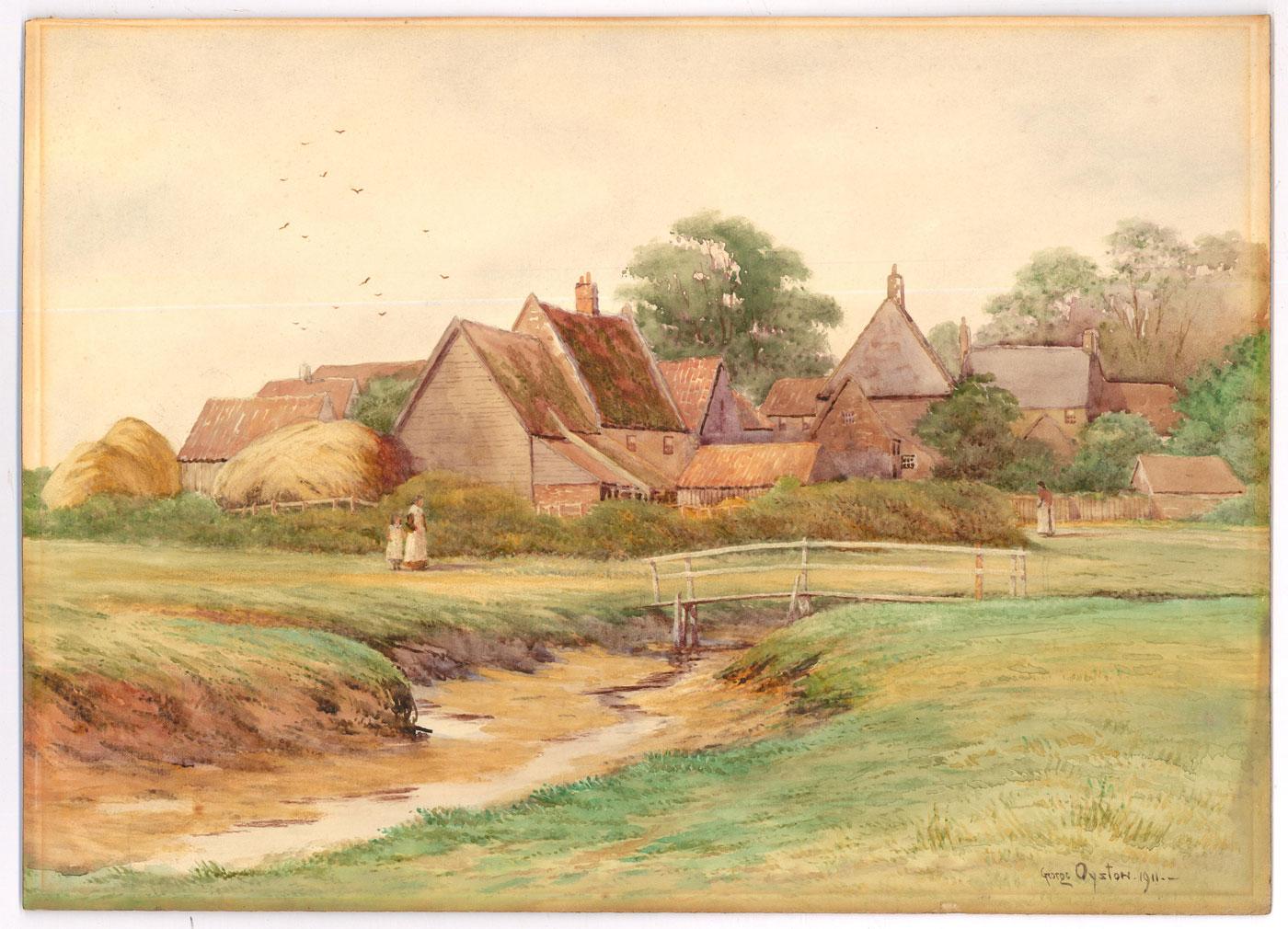 George Oyston (1861-1937) - 1911 Watercolour, Village on the Creek For Sale 1