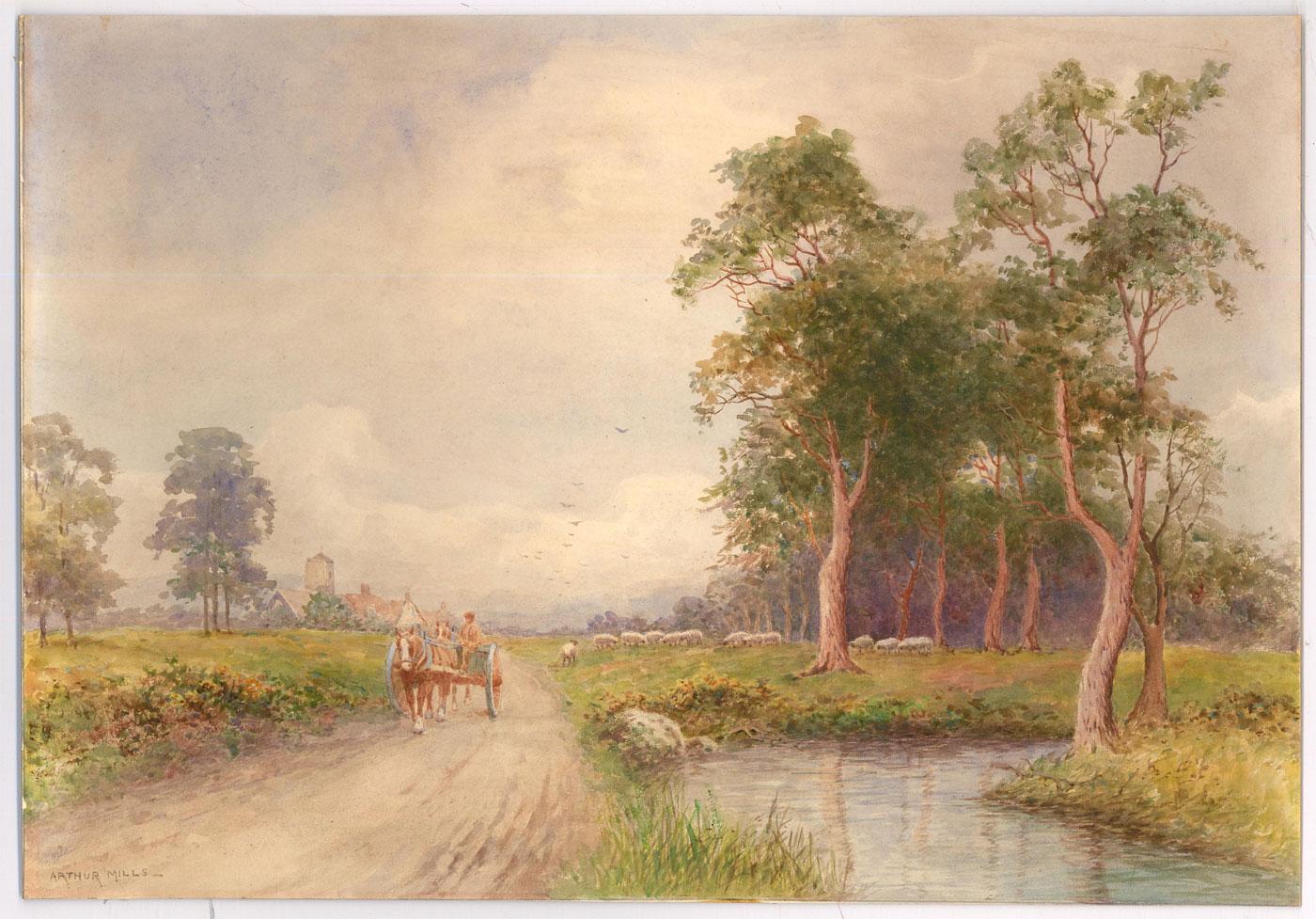 A delightful rural scene depicting a farmer with a horse and cart travelling down a country road away from the village. Signed to the lower left. On paper laid to board.
