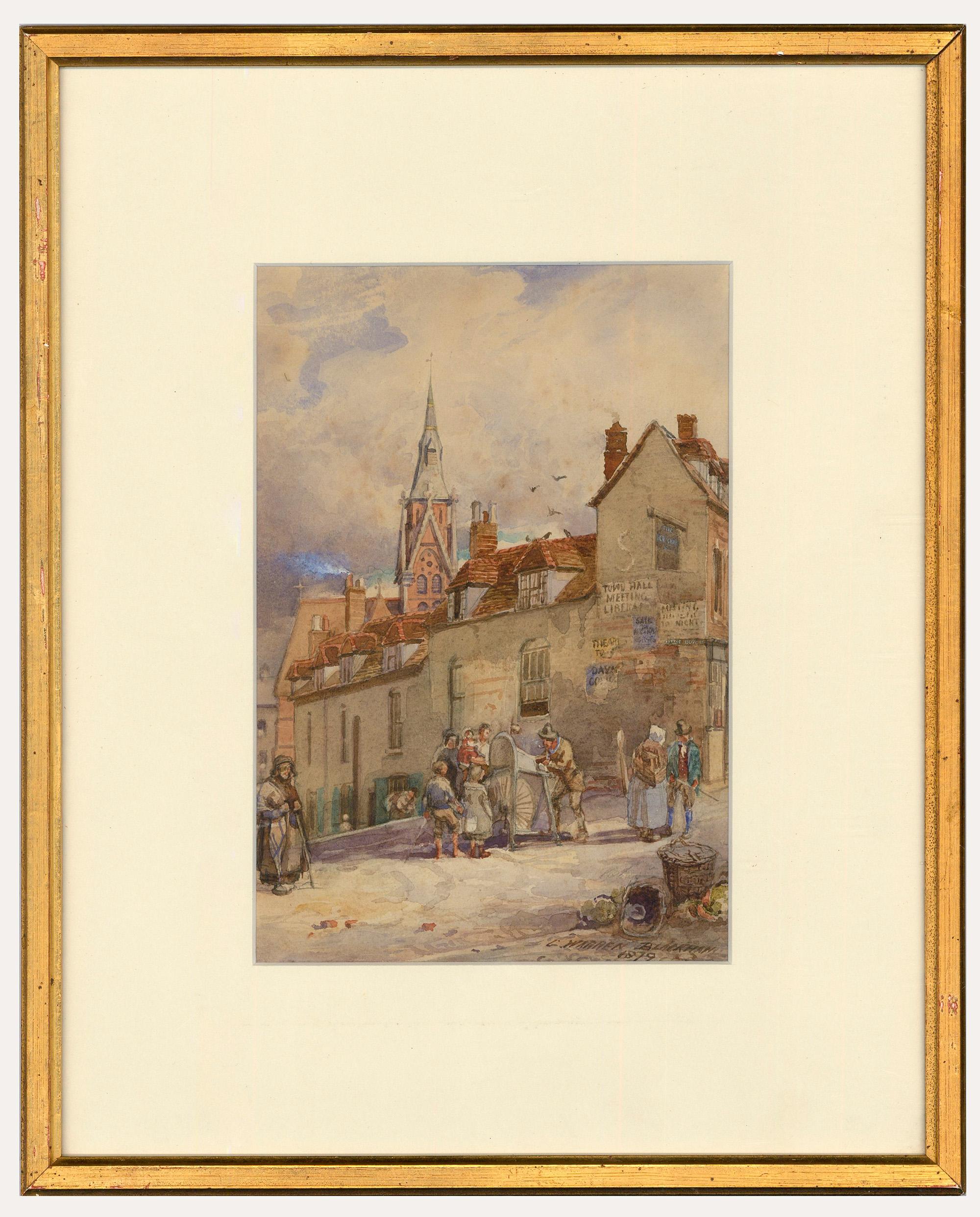 A charming late 19th century watercolour painting of Little Bow street near Horsefair, Birmingham. Signed and dated to the lower right. Presented in a narrow gilt frame with a new card mount. On paper. 
