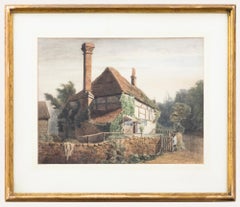 Henry George Hine RI (1811-1895) - Acuarela de 1870, Casitas con entramado de madera