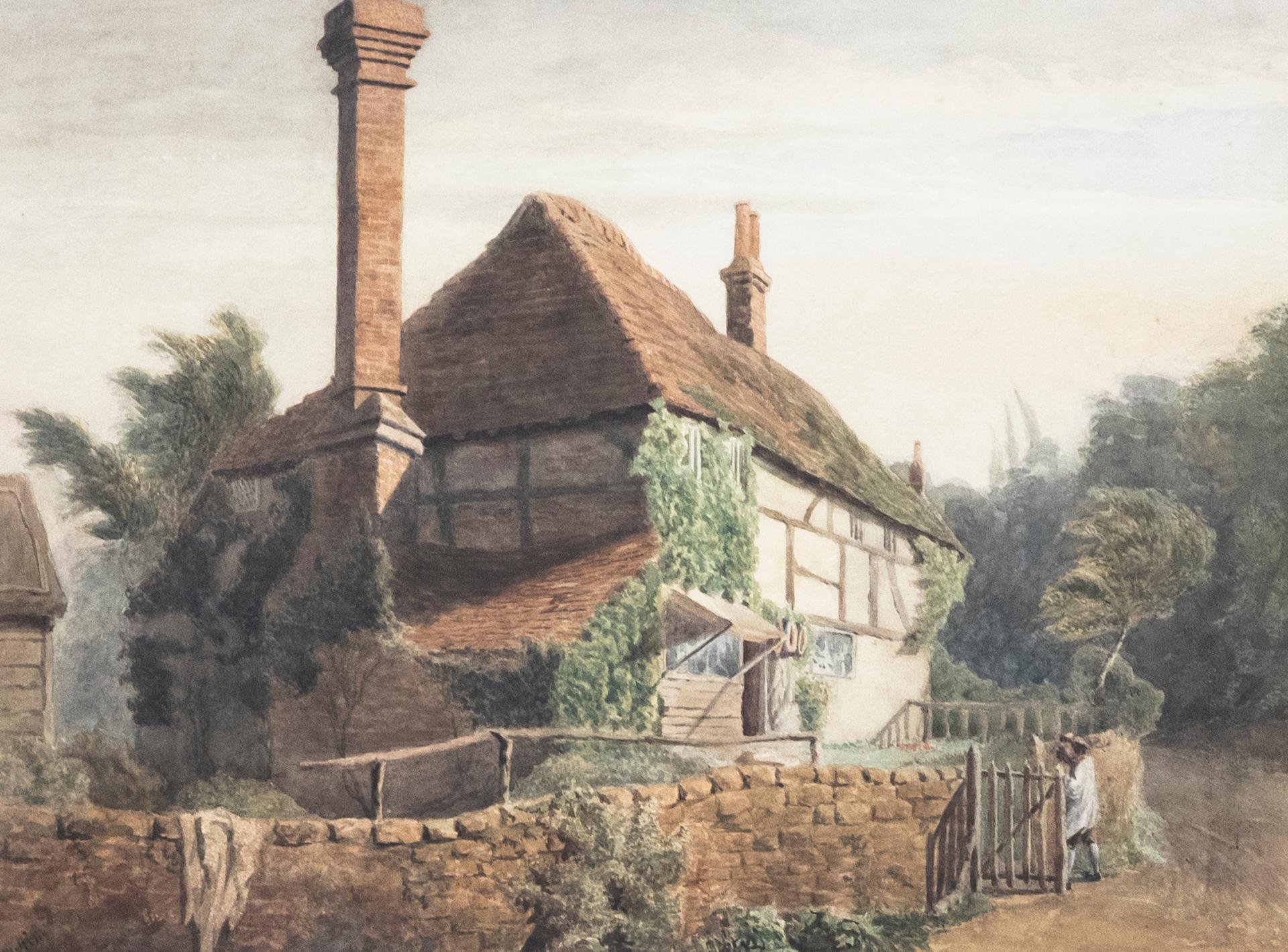 Henry George Hine RI (1811-1895) - Acuarela de 1870, Casitas con entramado de madera 3