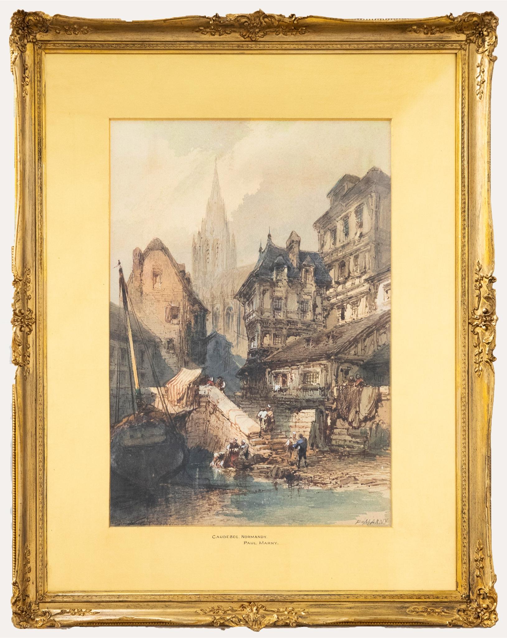 Une charmante vue de Caudebec, en Normandie, datant du 19e siècle. L'artiste a merveilleusement capturé l'architecture médiévale complexe et la nature animée de cette grande ville française. L'artiste a signé la scène en bas à droite et inscrit le
