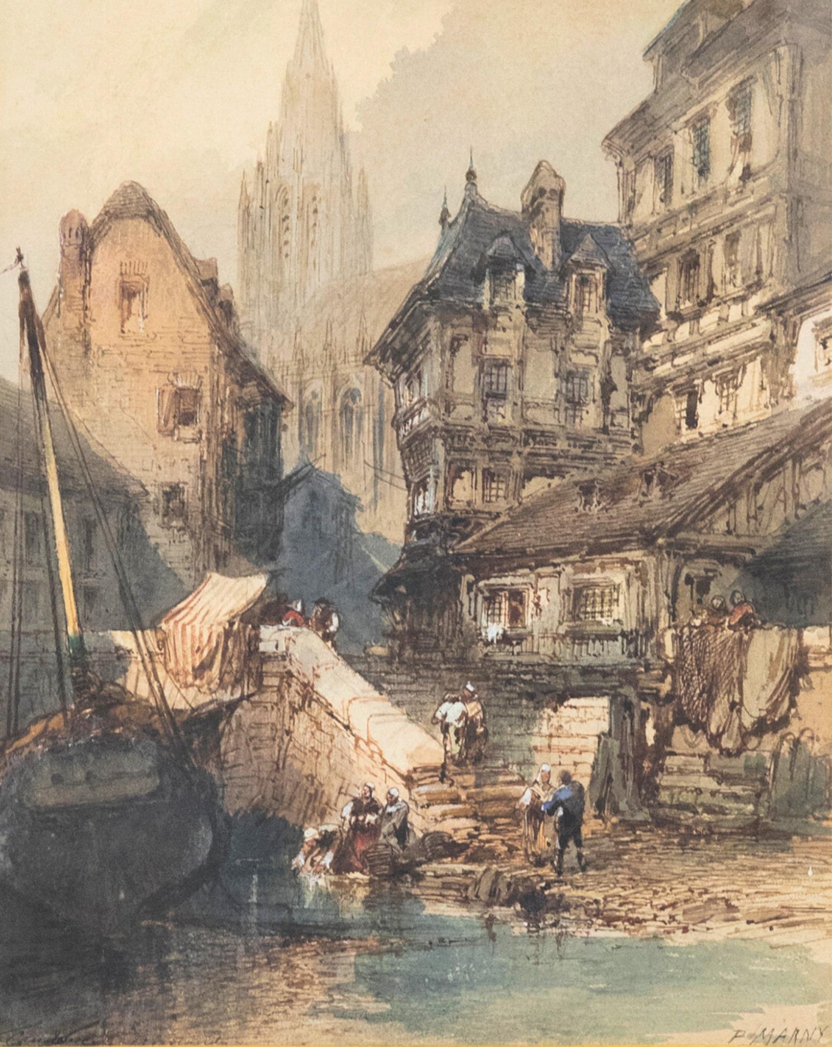 Paul Marny (1829-1914)  - Aquarelle encadrée du 19ème siècle, Caudebec, Normandie en vente 1