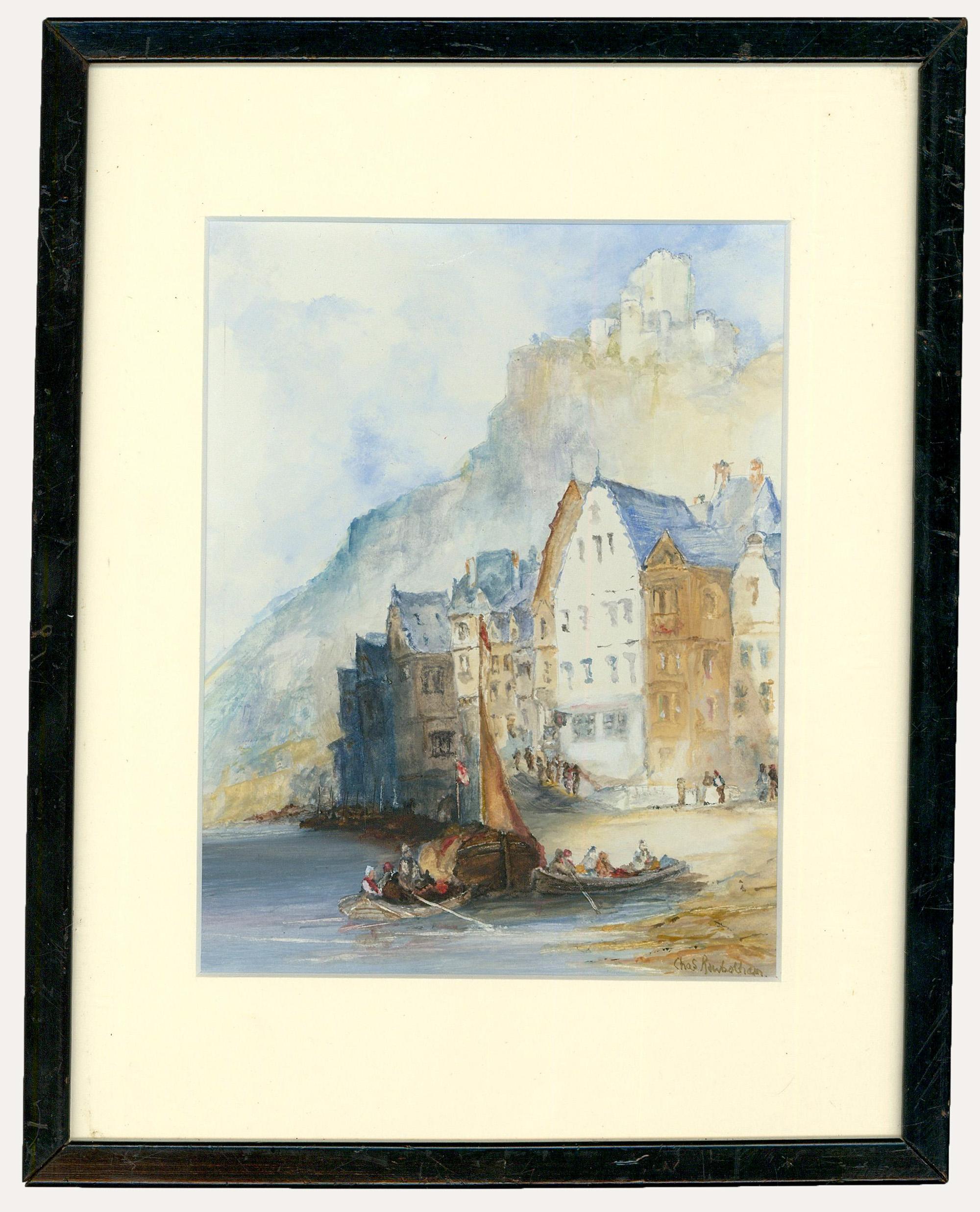 A charming watercolour scene by British artist Charles Rowbotham (1856-1921). Signed to the lower right. Presented in a narrow black frame with a crisp white mount. On paper.
