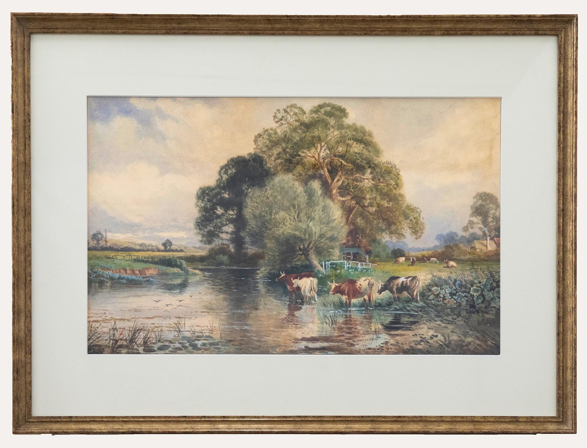 C.J. Keats Landscape Art - Cecil Jack Keats - Late 19th Century Watercolour, Cattle Watering in a River