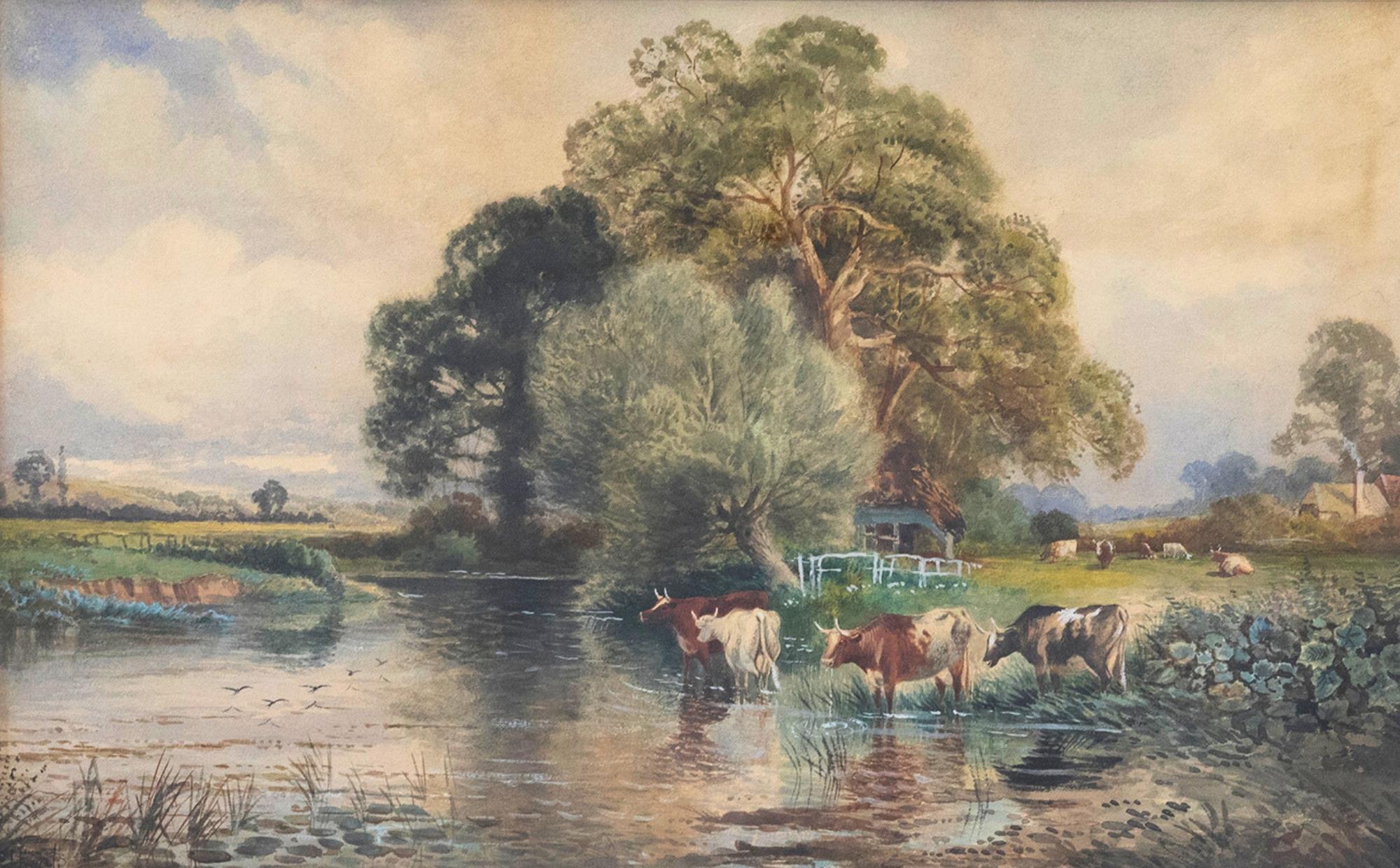 Cecil Jack Keats - Late 19th Century Watercolour, Cattle Watering in a River - Art by C.J. Keats