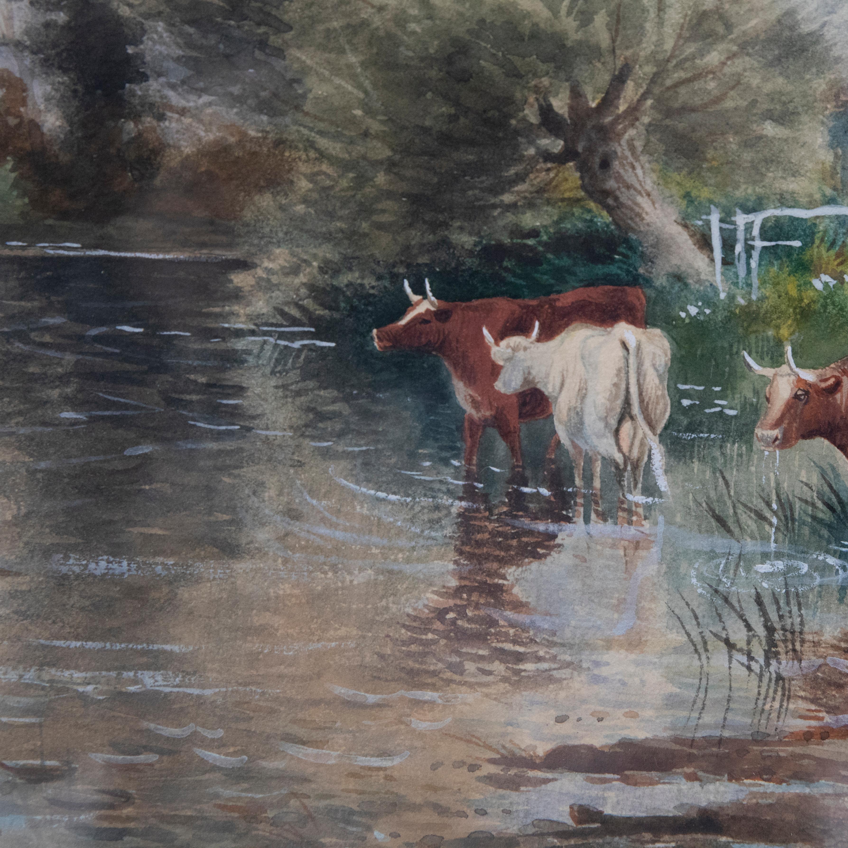 Cecil Jack Keats - Late 19th Century Watercolour, Cattle Watering in a River For Sale 2