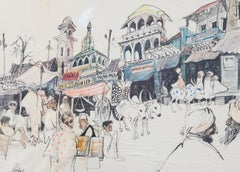 William Papas (1927-2000) - 20th Century India Ink, Indian Street Scene