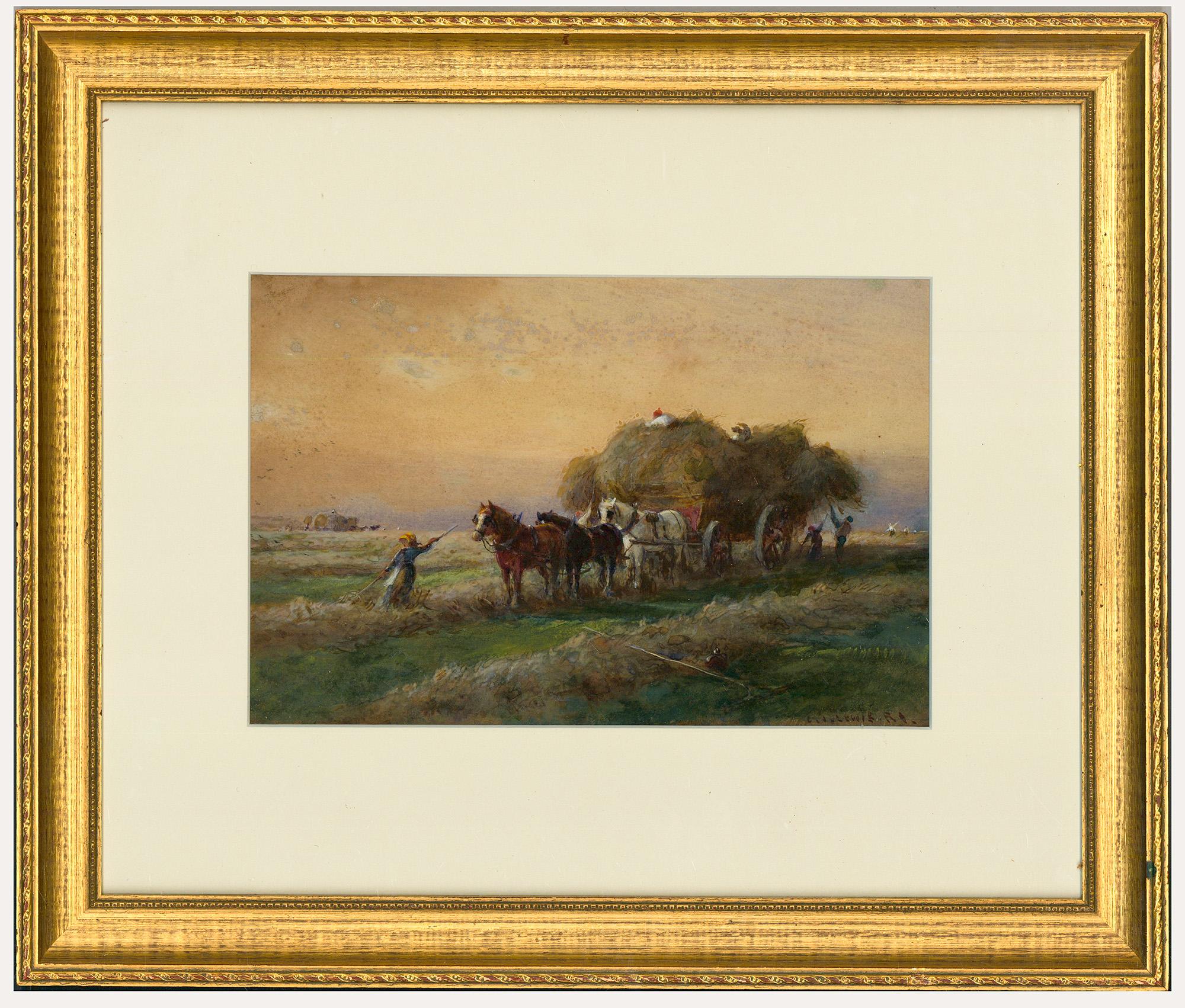 A delightful and dynamic watercolour scene by the artist Charles James Lewis, depicting figures forking hay in the fields. This labour intensive job required my hands at the time. The artist has depicted another group, repeating the same task