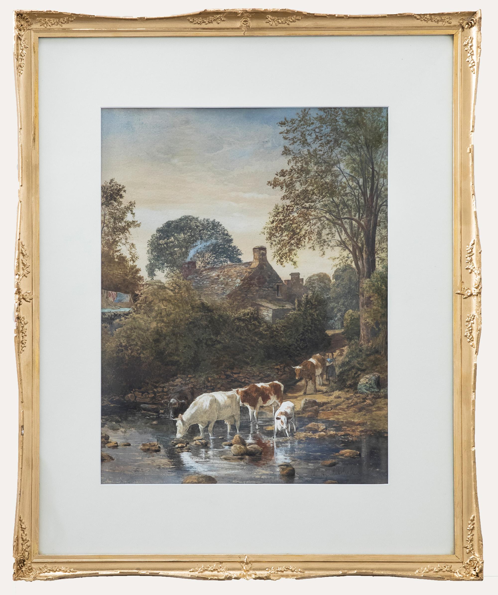Unknown Landscape Art - Charles Lutchell - Framed 19th Century Watercolour, Cattle Watering