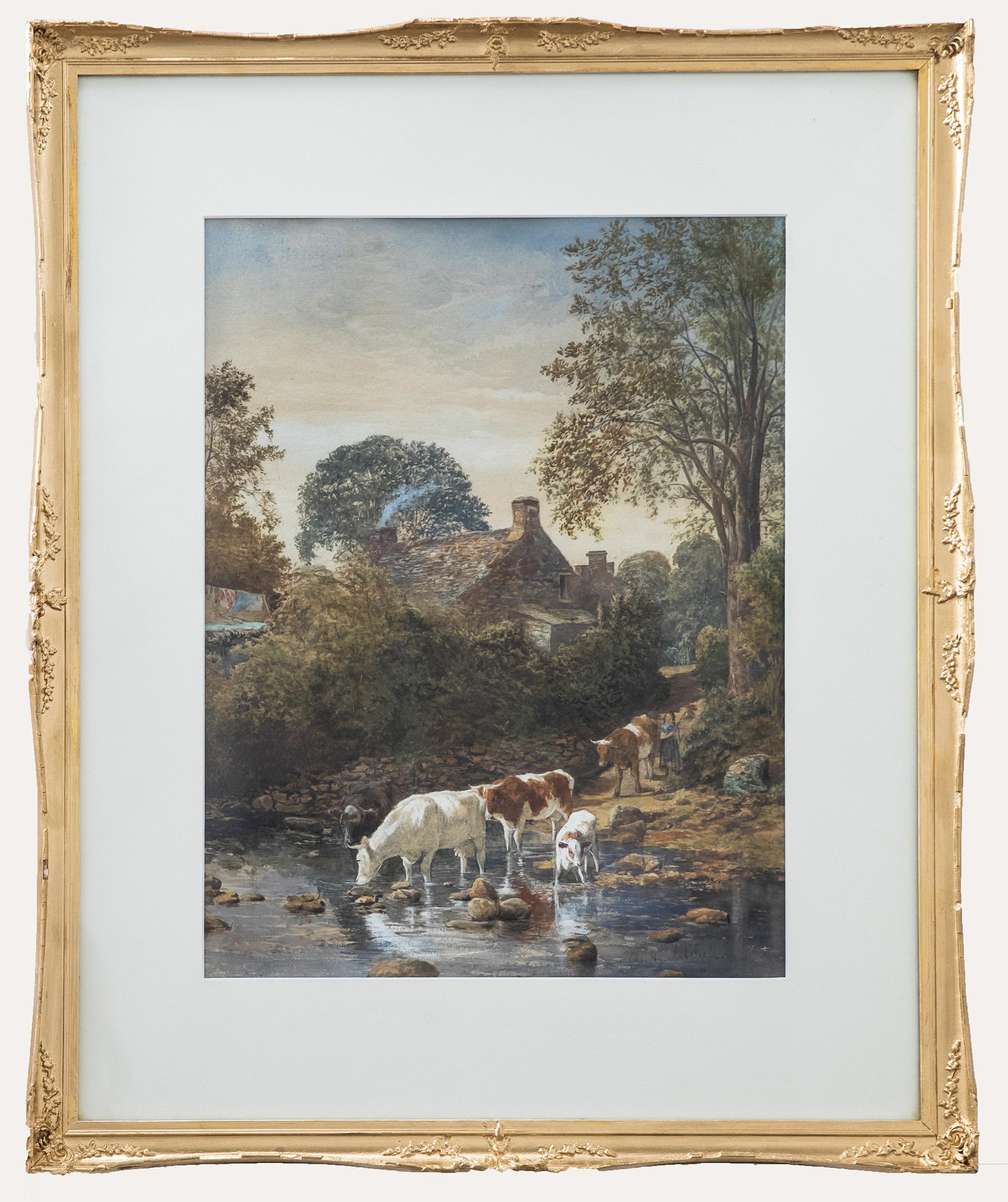 Charles Lutchell - Framed 19th Century Watercolour, Cattle Watering - Art by Unknown